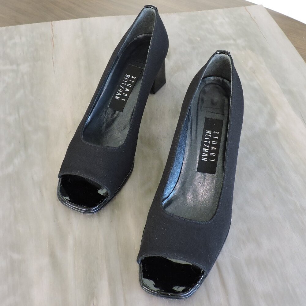 Stuart Weitzman Black Block Heel Peep Toe Canvas Slip On Size 6.5